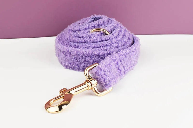 Purple Teddy Cotton Pet Collar And Leash Set with Engraved Nameplate