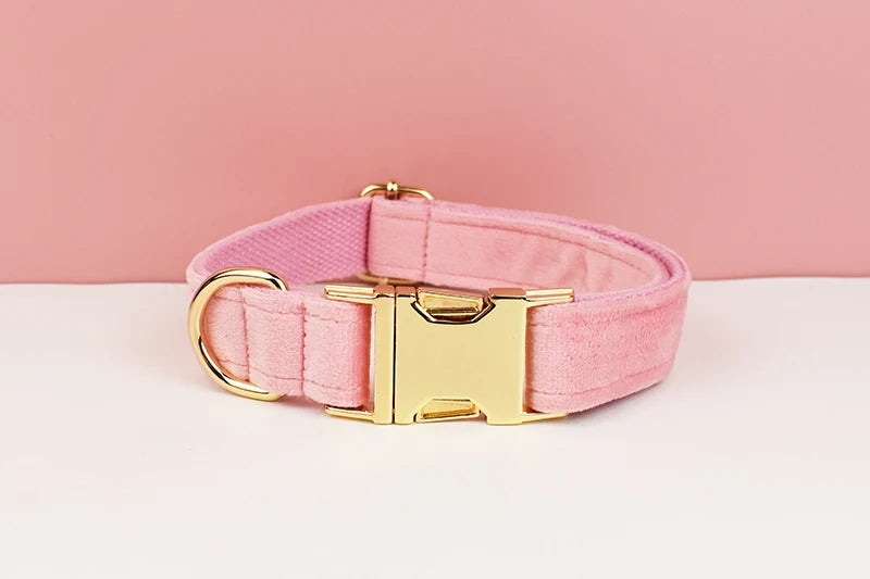 Pink Velvet Pet Collar & Leash Set with Custom Engraved Nameplate