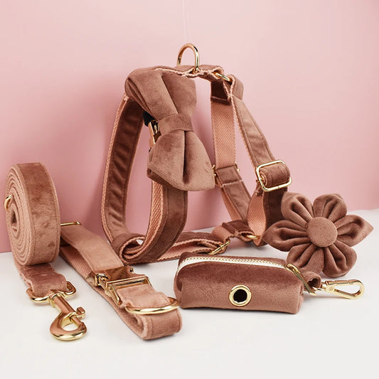 Dusty Pink Velvet Pet Collar And Leash Set with Nameplate