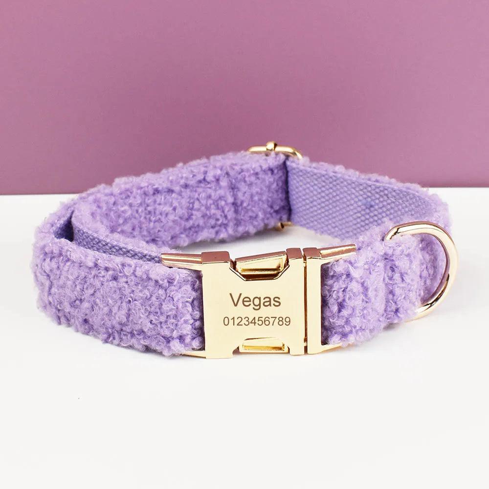 Purple Teddy Cotton Pet Collar And Leash Set with Engraved Nameplate