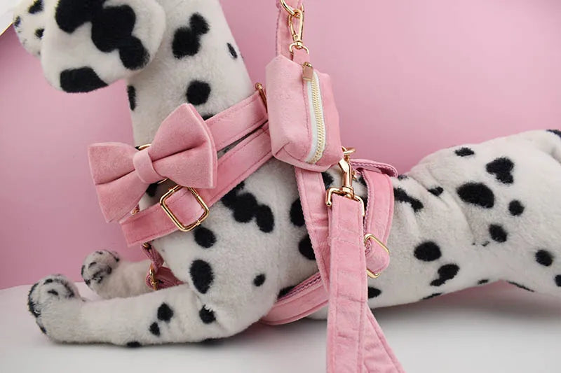 Pink Velvet Pet Collar & Leash Set with Custom Engraved Nameplate