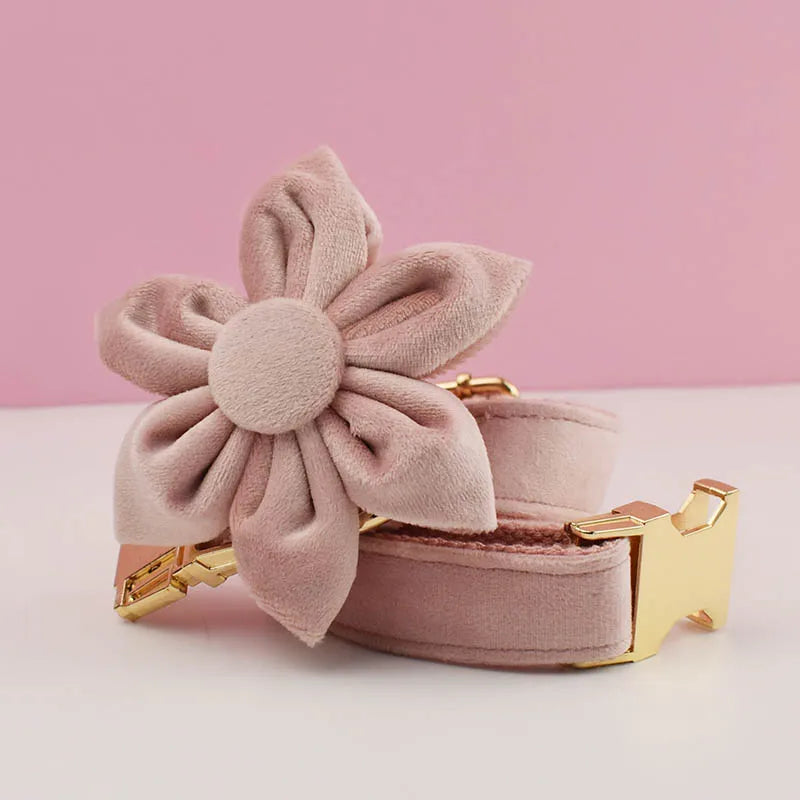 Pale Pink Velvet Dog Collar And Leash Set