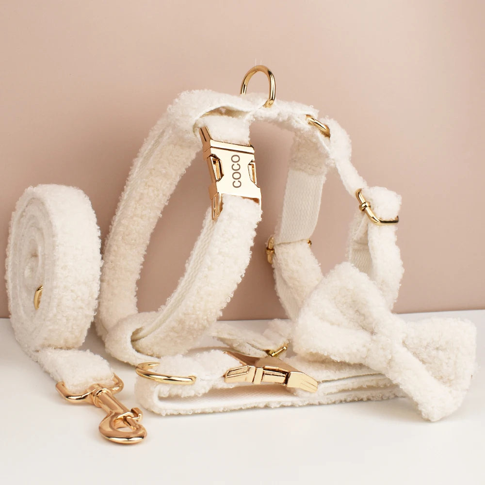 White Teddy Pet Collar & Harness Set With Custom Engraving