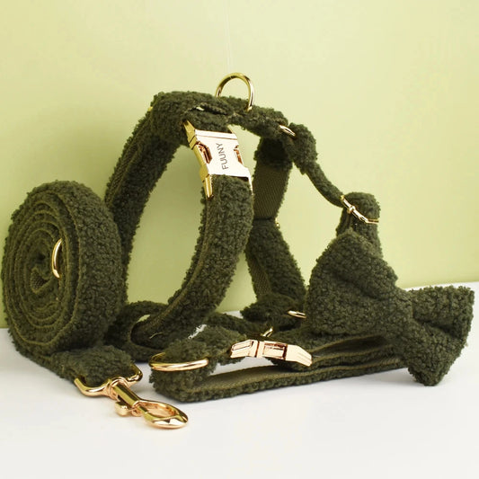 Dark Green Teddy Pet Harness And Leash Set