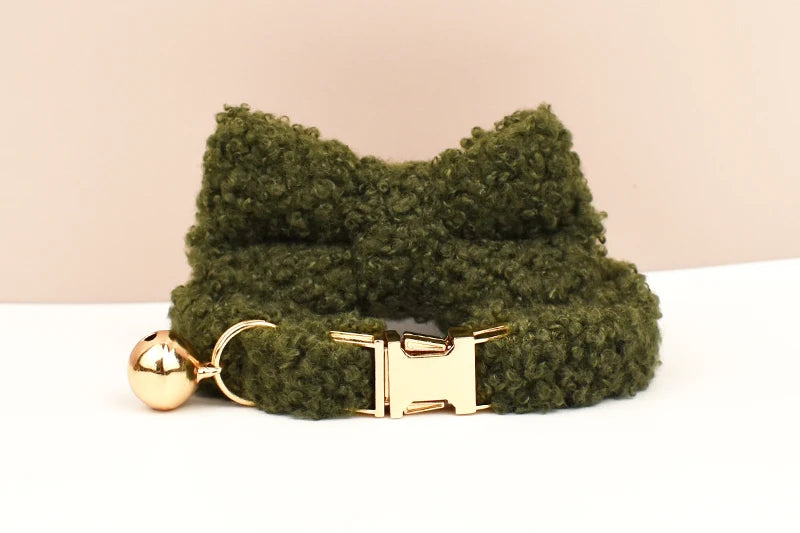 Teddy Fur Cat Collar With Bell Accessory - Custom Name Engraving