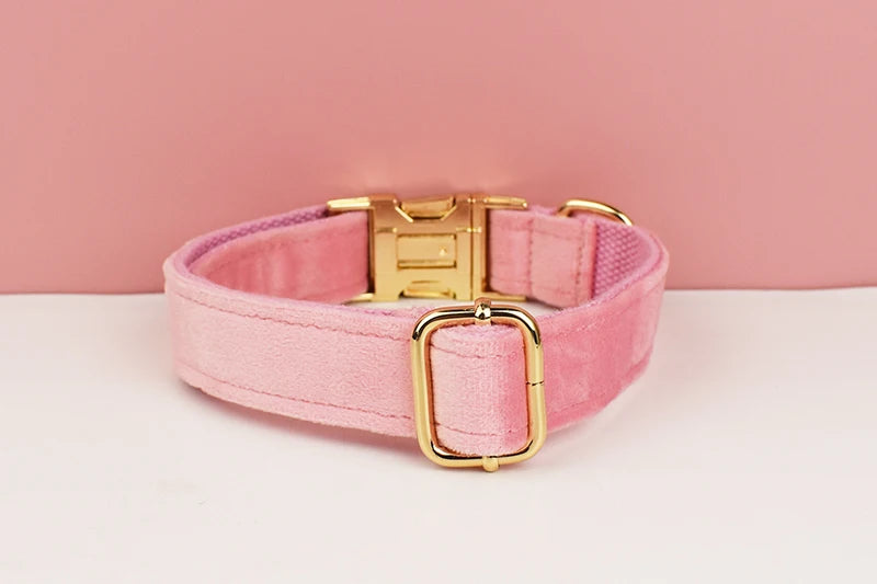 Pink Velvet Pet Collar & Leash Set with Custom Engraved Nameplate