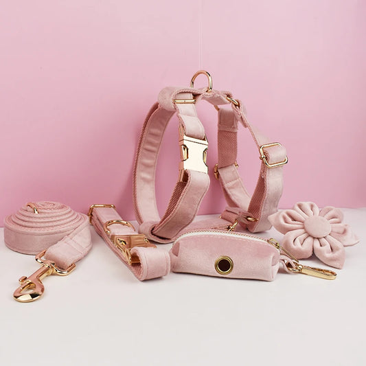 Pale Pink Velvet Dog Collar And Leash Set