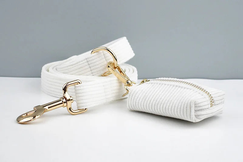 White Corduroy Pet Collar And Leash Set With Custom Engraved Nameplate