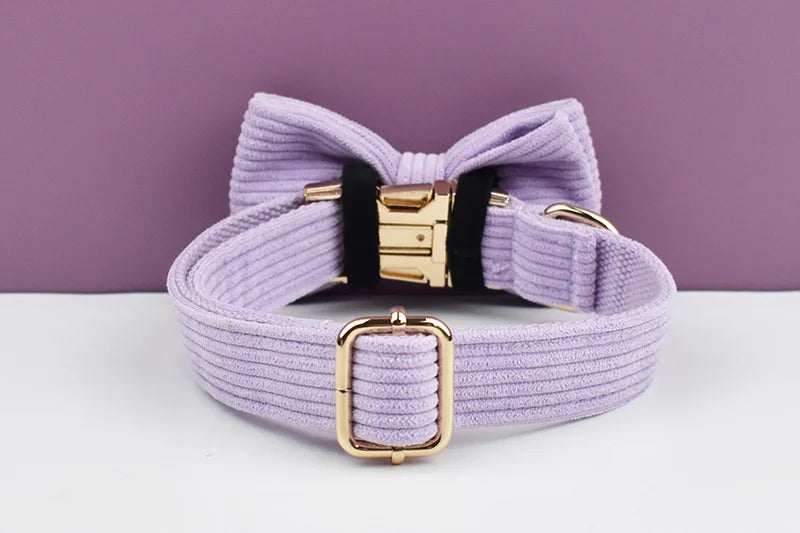 Purple Corduroy Pet Collar And Leash Set with Engraved Nameplate