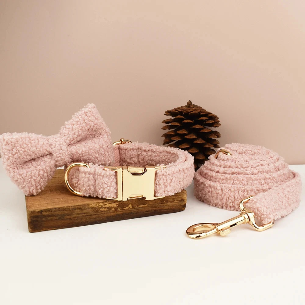 Baby Pink Plush Furry Winter Pet Harness Bowtie And Leash Sets