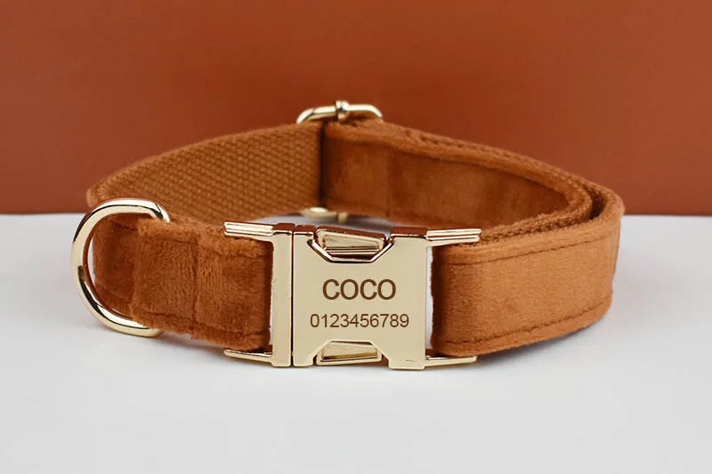 Tan Velvet Pet Collar And Leash Set - Custom Engraved Name
