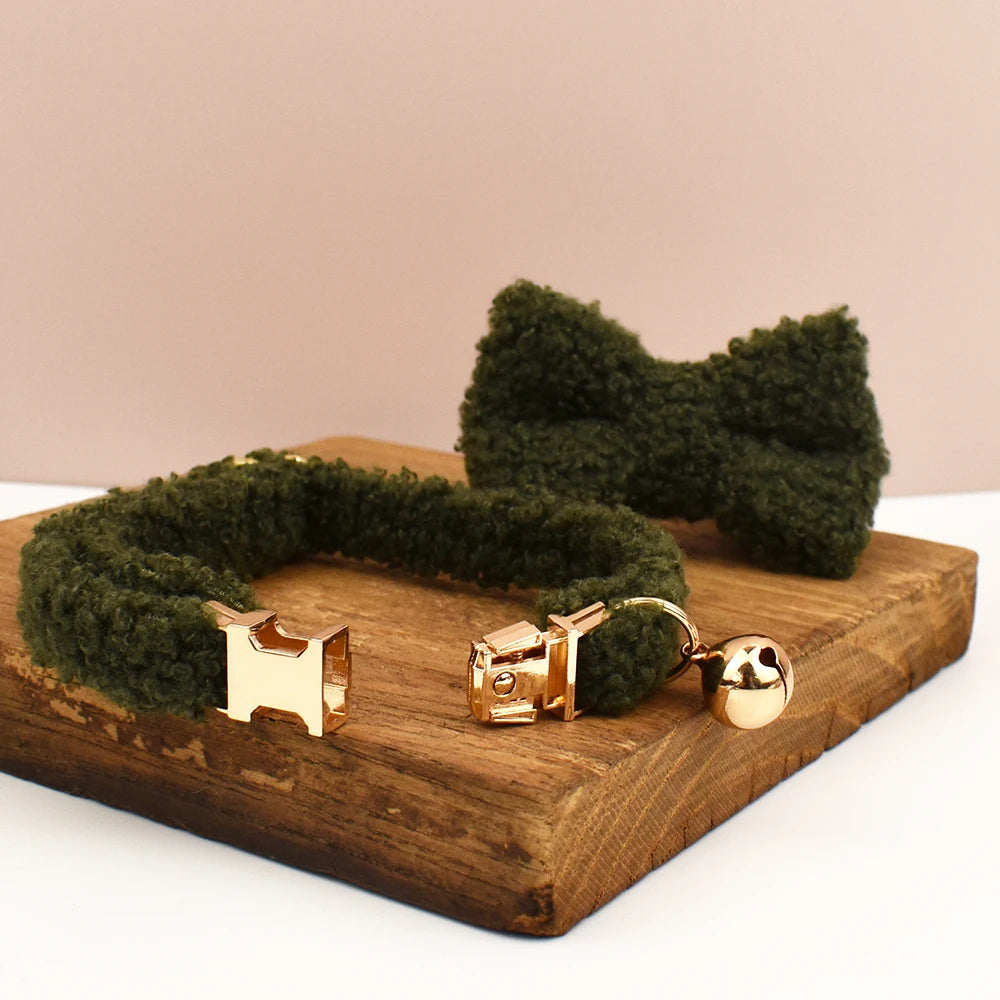 Teddy Fur Cat Collar With Bell Accessory - Custom Name Engraving