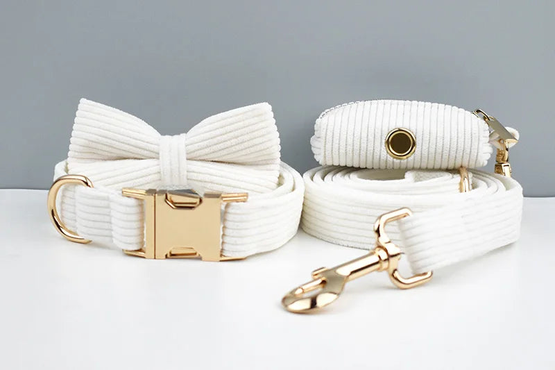 White Corduroy Pet Collar And Leash Set With Custom Engraved Nameplate