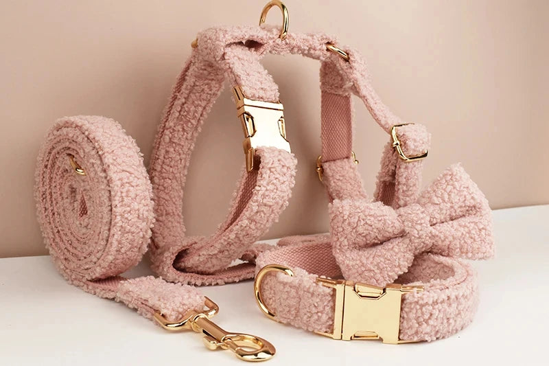 Baby Pink Plush Furry Winter Pet Harness Bowtie And Leash Sets