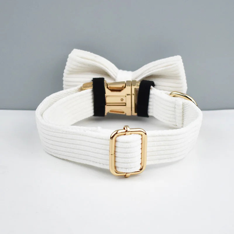 White Corduroy Pet Collar And Leash Set With Custom Engraved Nameplate