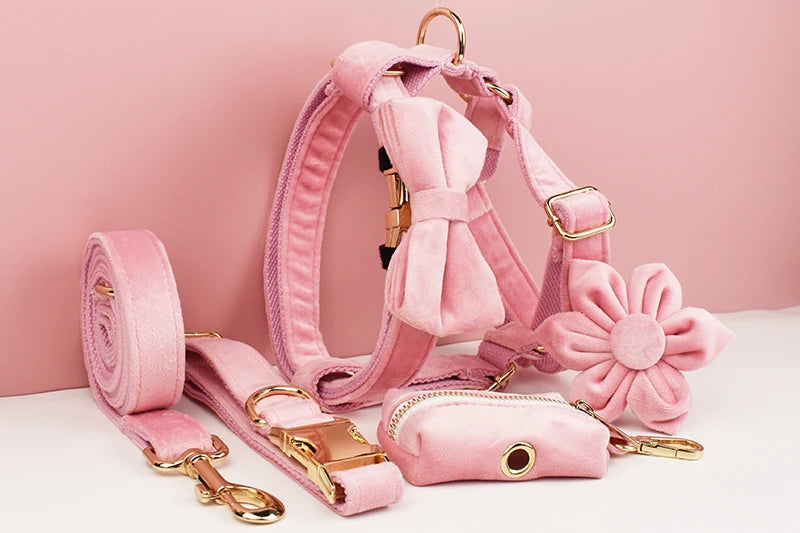 Pink Velvet Pet Collar & Leash Set with Custom Engraved Nameplate
